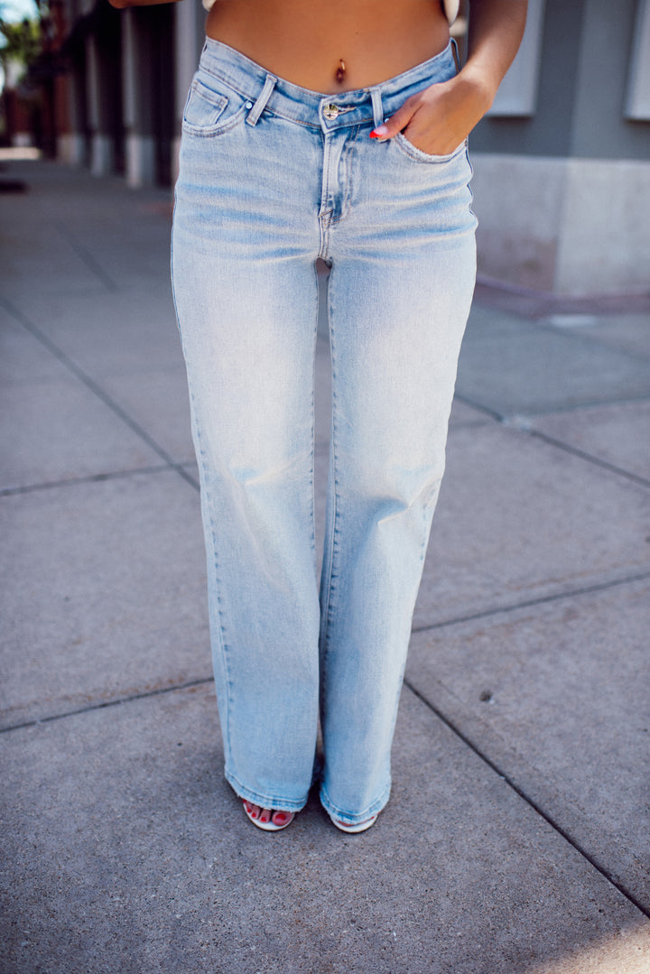 Risen Amelia Mid Rise Wide Leg Denim (Light)