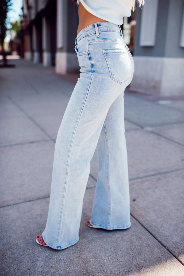 Risen Amelia Mid Rise Wide Leg Denim (Light)