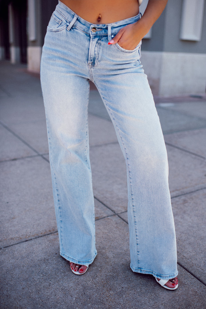 Risen Amelia Mid Rise Wide Leg Denim (Light)