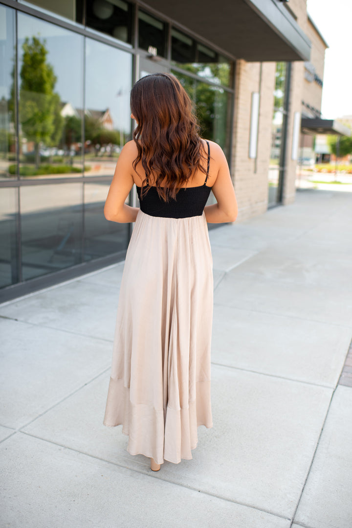 Preppy In Peacock Maxi Dress (Black/Khaki)
