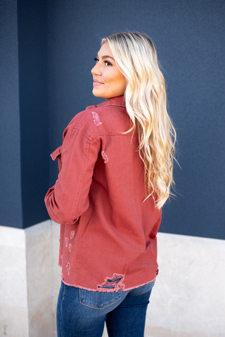 Sienna Distressed Denim Jacket (Dark Mauve)
