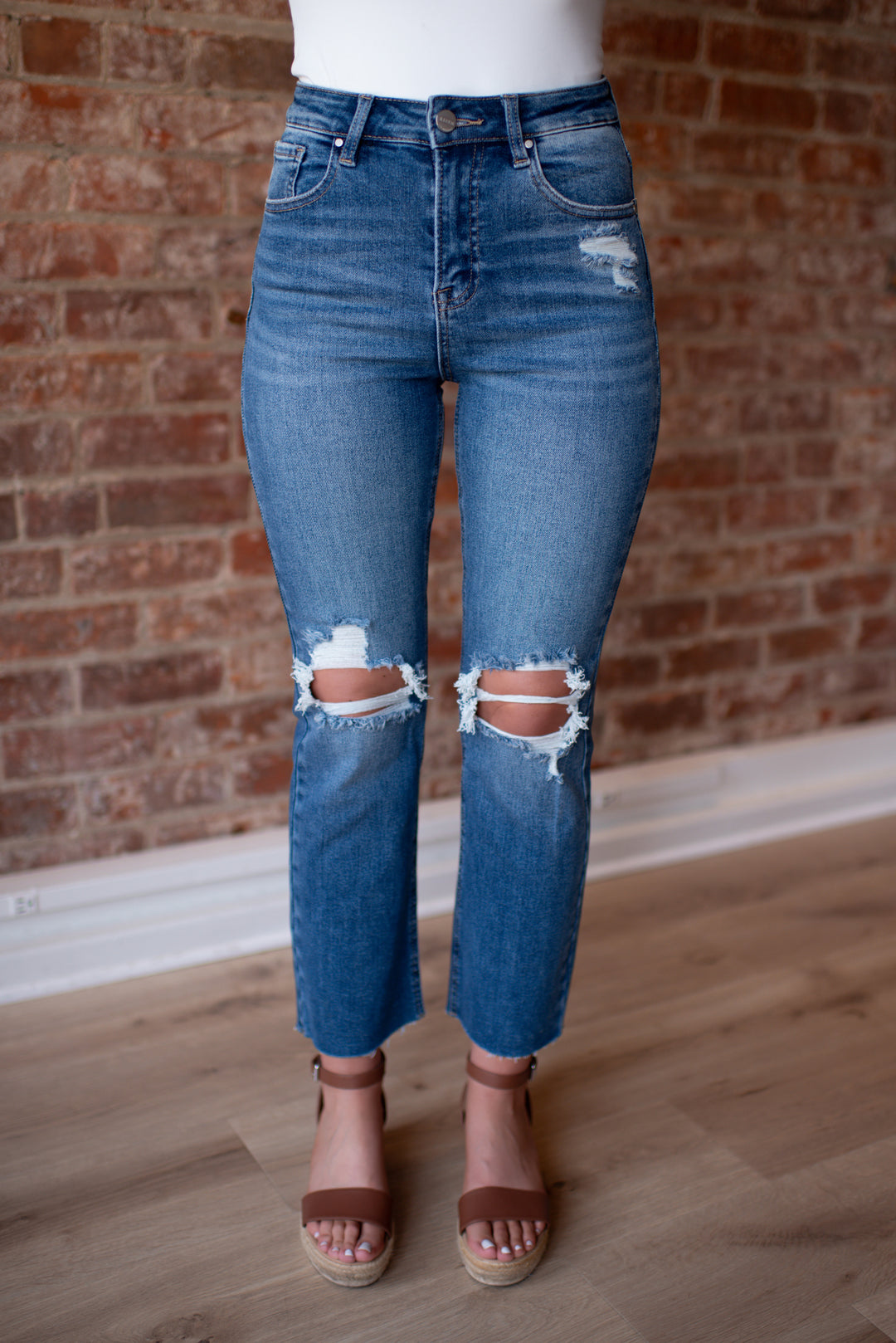 Risen Lylah Distressed Crop Denim (Medium Wash)