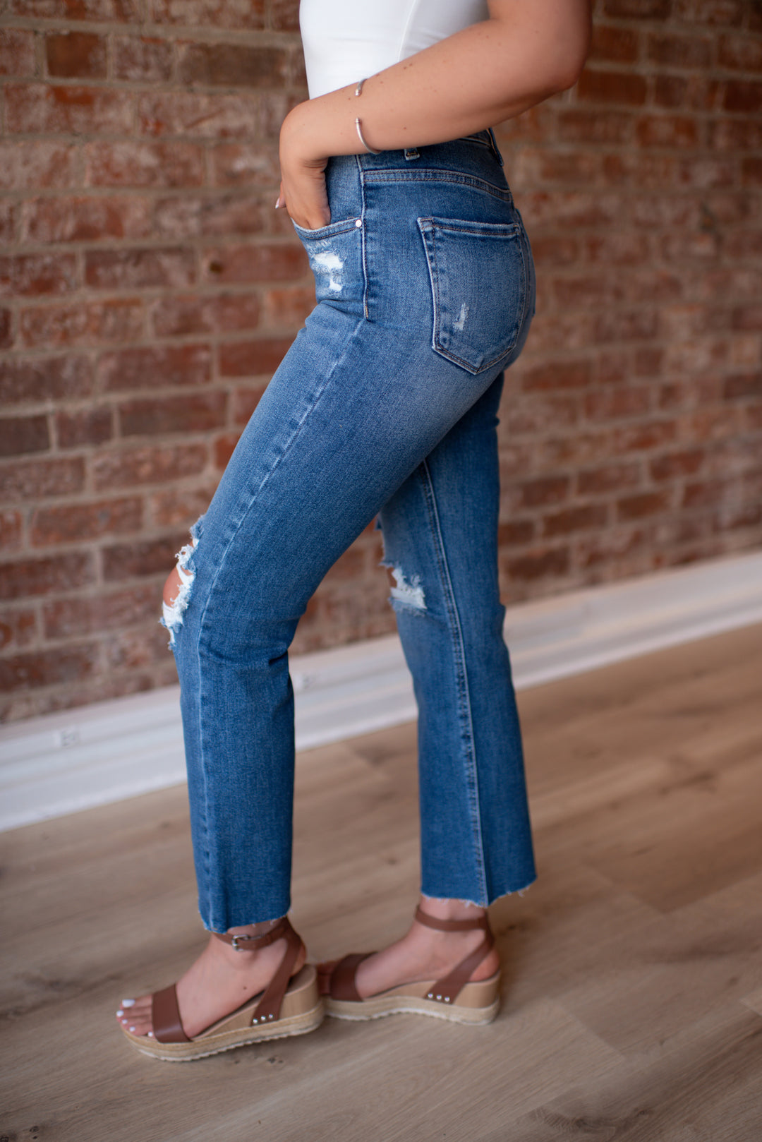 Risen Lylah Distressed Crop Denim (Medium Wash)