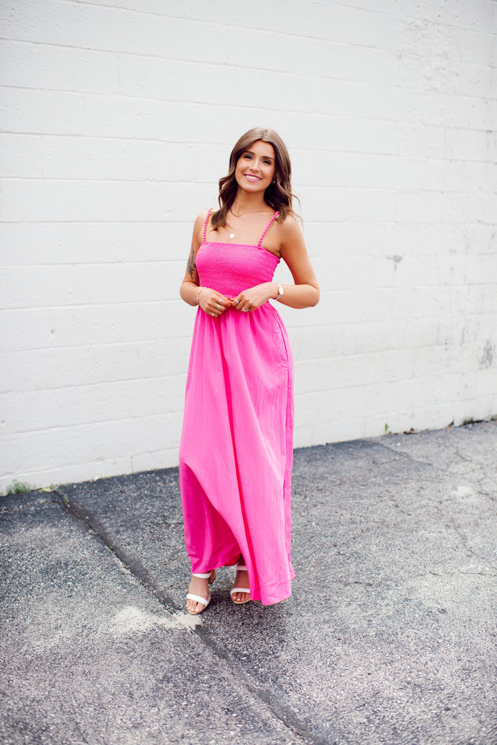 Pom Pom Smocked Maxi Dress (Hot Pink)