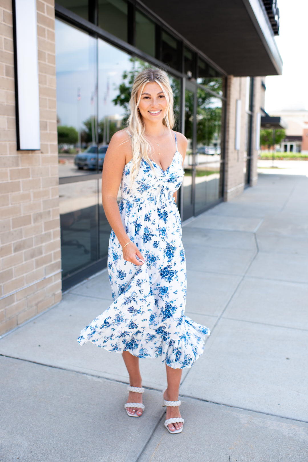 Honeymoon Bloom Midi Dress (Ivory/Blue)