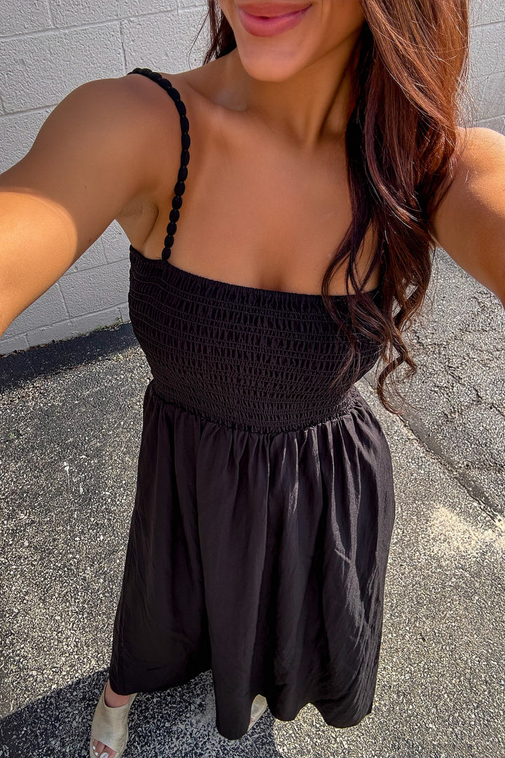 Pom Pom Smocked Maxi Dress (Black)