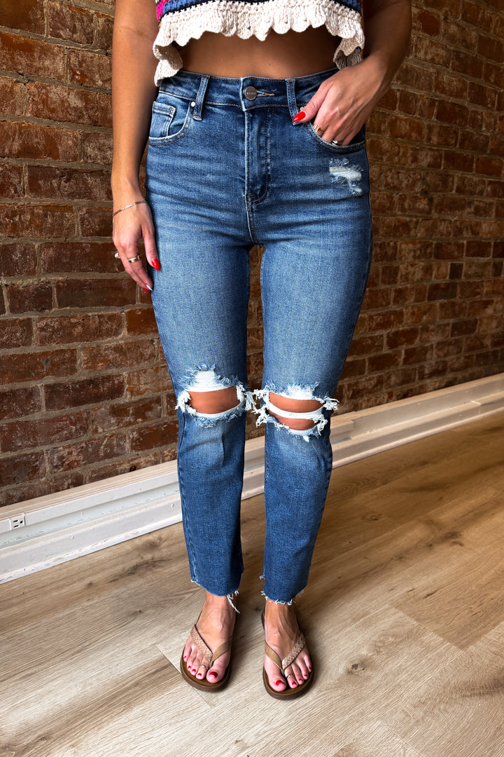Risen Lylah Distressed Crop Denim (Medium Wash)