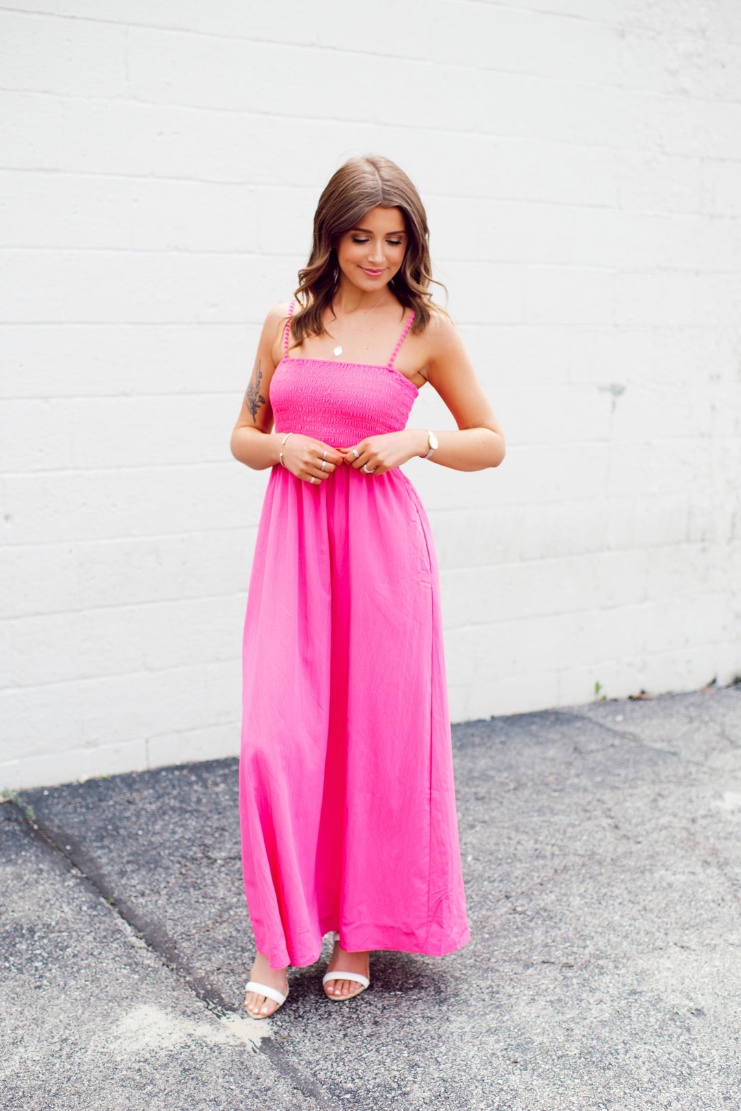 Pom Pom Smocked Maxi Dress (Hot Pink)