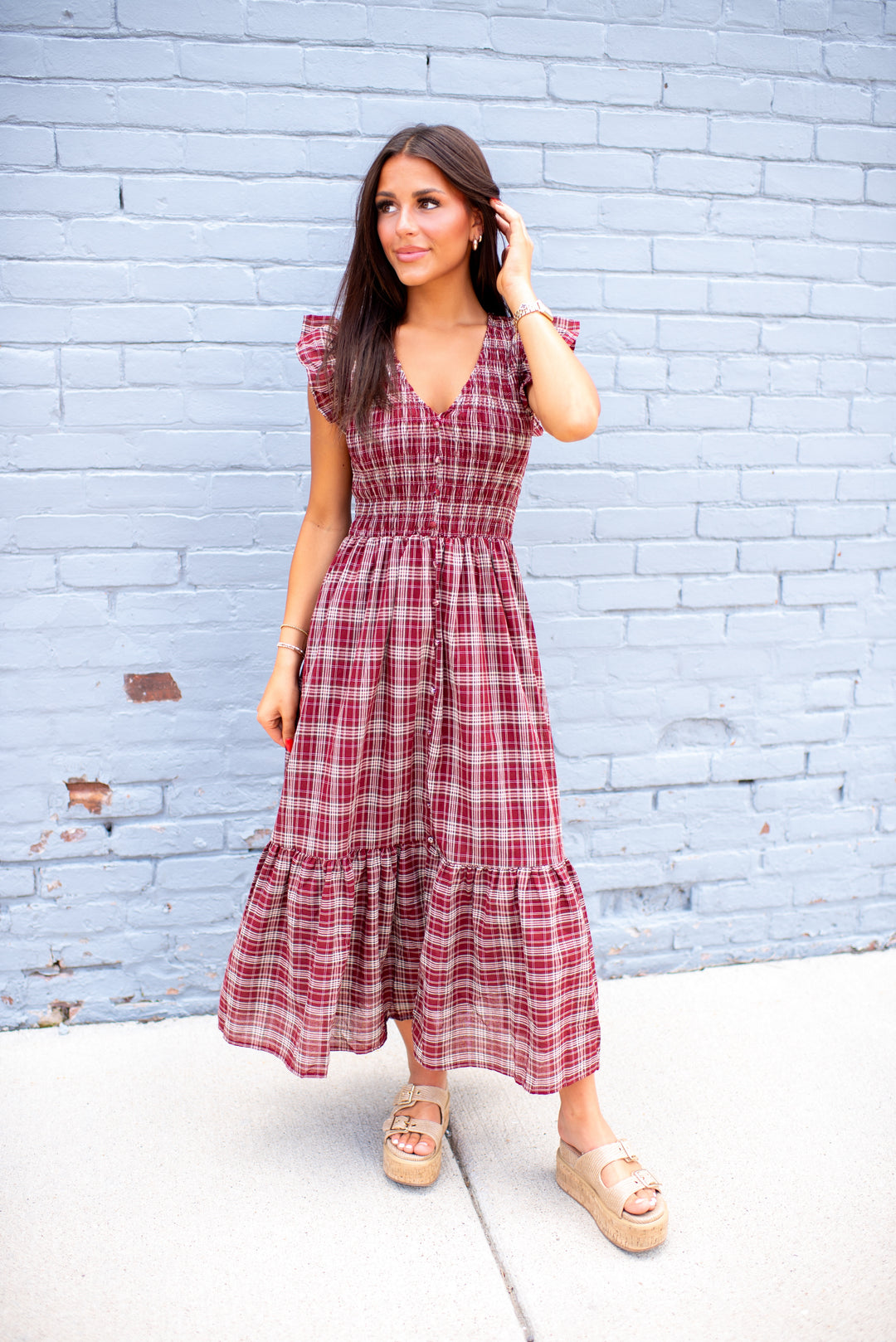 Trinity Plaid Midi Dress (Burgundy)