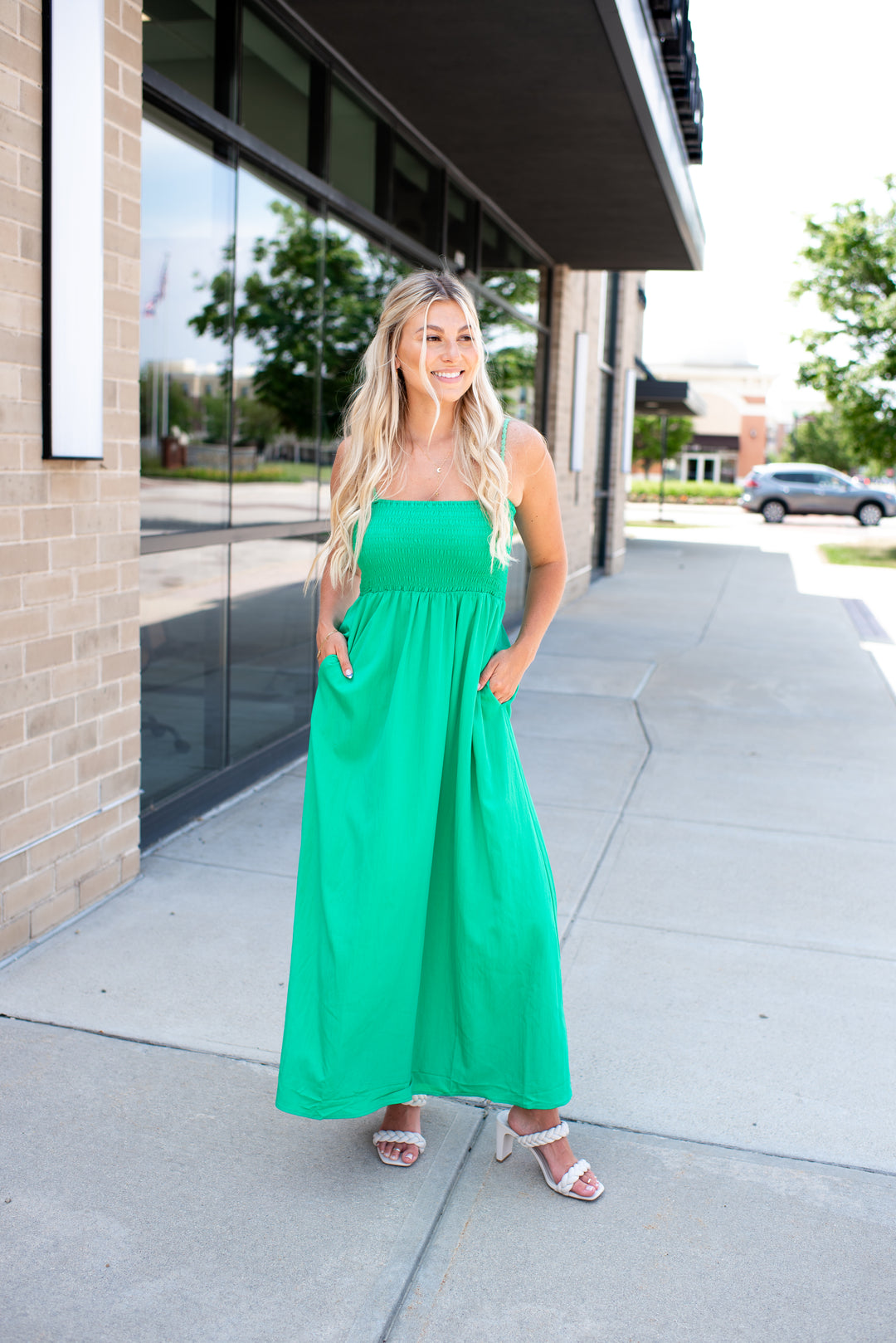 Pom Pom Smocked Maxi Dress (Green)