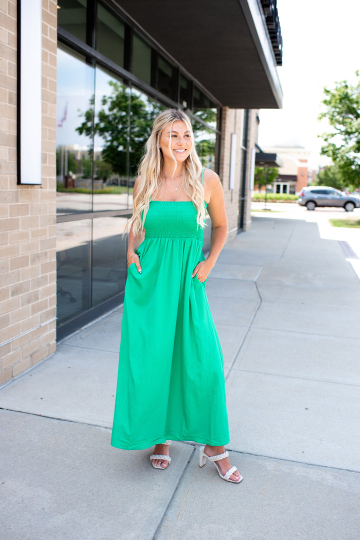 Pom Pom Smocked Maxi Dress (Green)