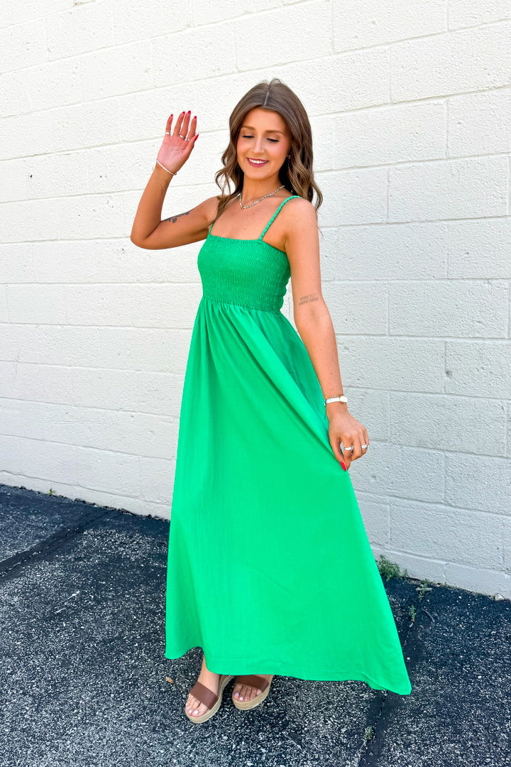 Pom Pom Smocked Maxi Dress (Green)