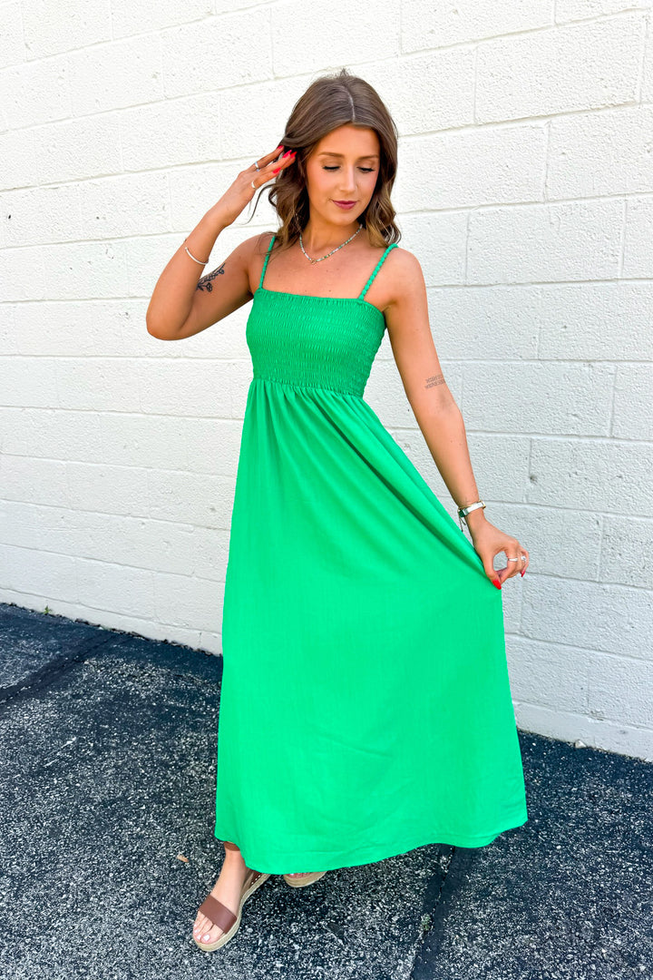 Pom Pom Smocked Maxi Dress (Green)
