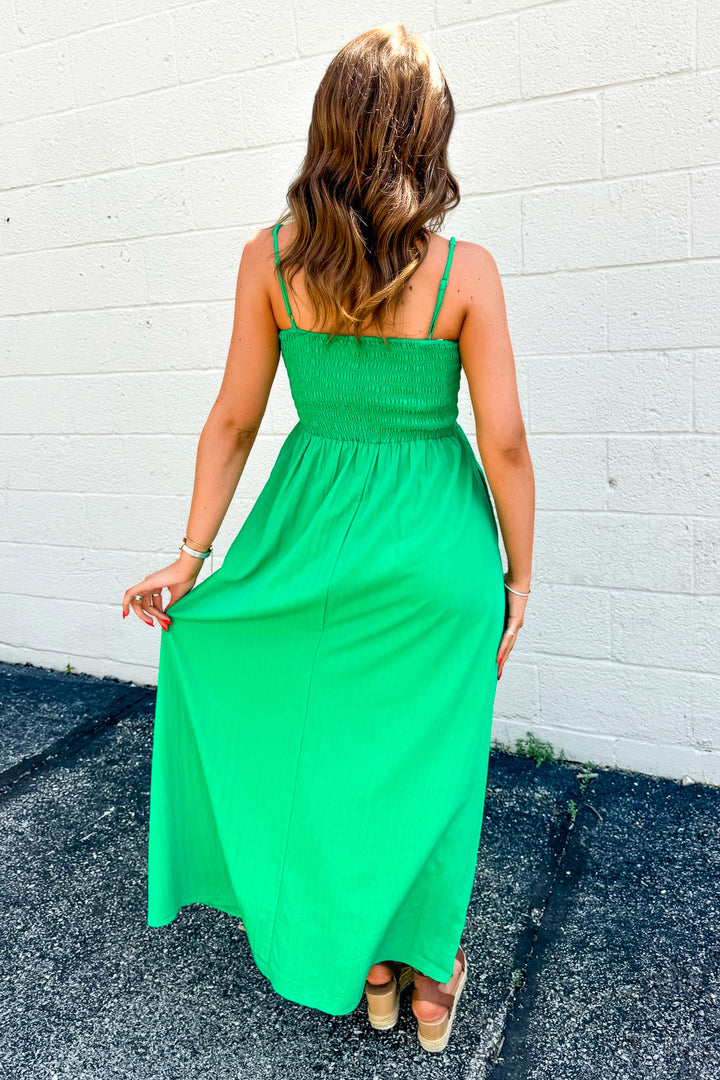 Pom Pom Smocked Maxi Dress (Green)