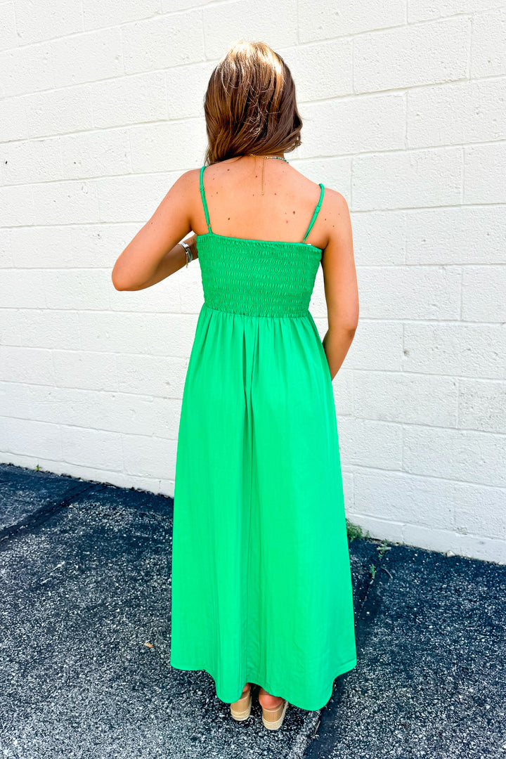 Pom Pom Smocked Maxi Dress (Green)