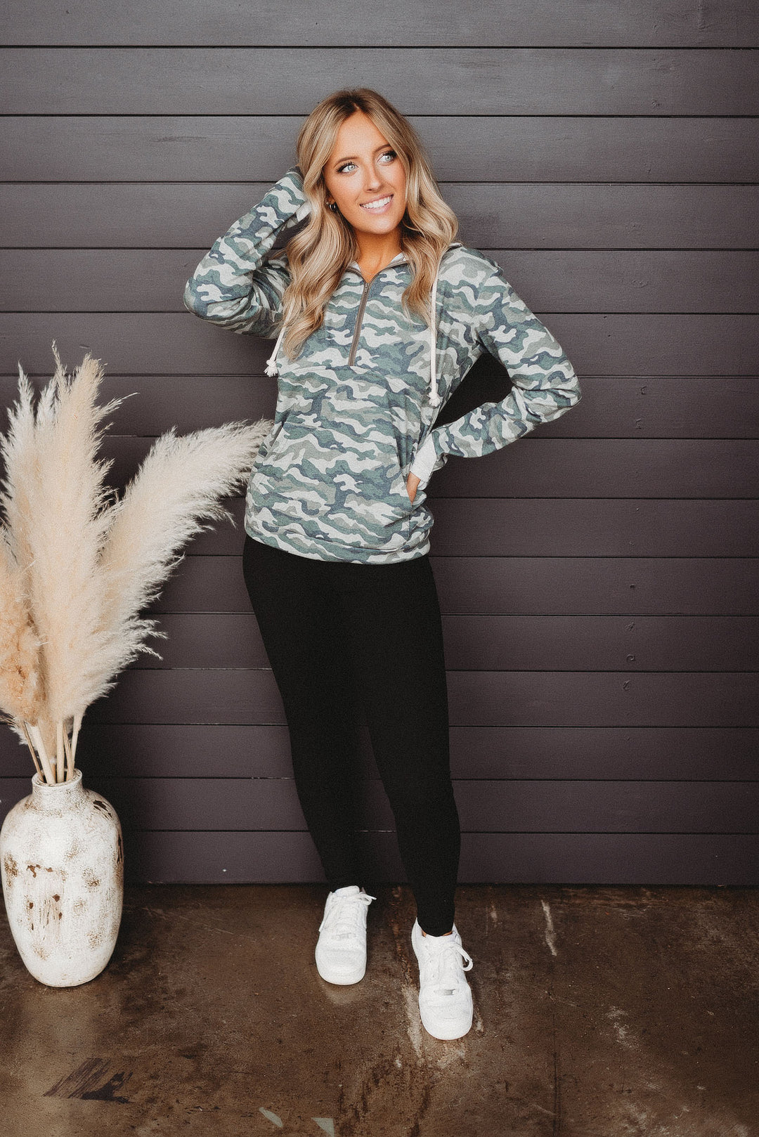 Sadie Camo Half Zip Hoodie (Olive)