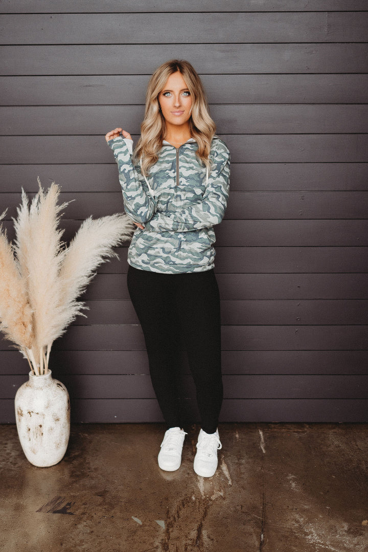 Sadie Camo Half Zip Hoodie (Olive)