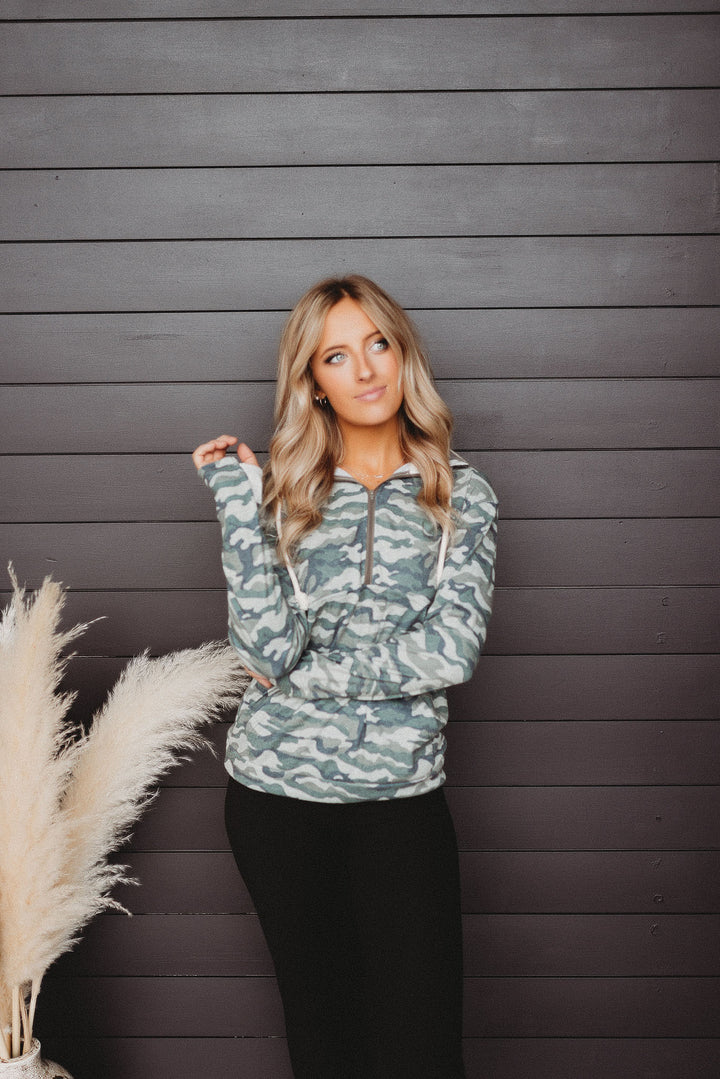 Sadie Camo Half Zip Hoodie (Olive)
