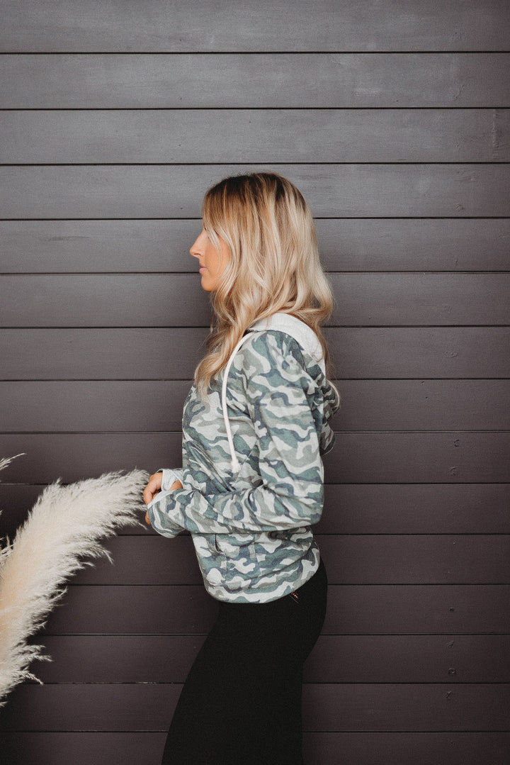 Sadie Camo Half Zip Hoodie (Olive)